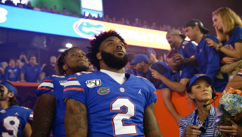 University of Florida senior running back Lamical Perine waits before being recognized at senior day- Florida Gators football- 1280x853