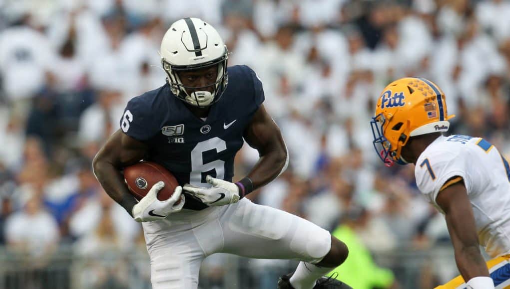 Sep 14, 2019; University Park, PA, USA; Penn State Nittany Lions wide receiver Justin Shorter (6) runs with the ball during the first quarter against the Pittsburgh Panthers at Beaver Stadium. Mandatory Credit: Matthew O'Haren-USA TODAY Sports