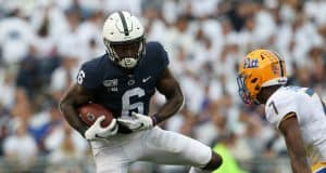 Sep 14, 2019; University Park, PA, USA; Penn State Nittany Lions wide receiver Justin Shorter (6) runs with the ball during the first quarter against the Pittsburgh Panthers at Beaver Stadium. Mandatory Credit: Matthew O'Haren-USA TODAY Sports
