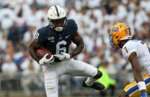 Sep 14, 2019; University Park, PA, USA; Penn State Nittany Lions wide receiver Justin Shorter (6) runs with the ball during the first quarter against the Pittsburgh Panthers at Beaver Stadium. Mandatory Credit: Matthew O'Haren-USA TODAY Sports