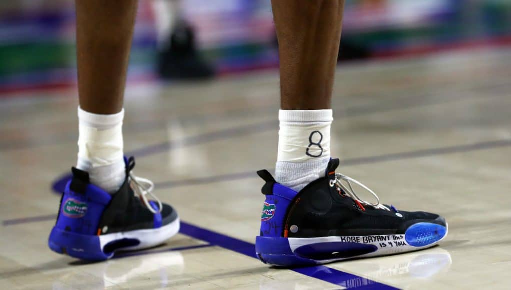 Jan 28, 2020; Gainesville, Florida, USA;A detail view of Florida Gators guard Scottie Lewis (23) sneakers in remembrance of Los Angeles former player Kobe Bryant against the Mississippi State Bulldogs during the first half at Exactech Arena. Mandatory Credit: Kim Klement-USA TODAY Sports