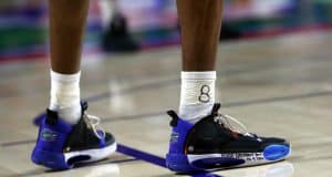 Jan 28, 2020; Gainesville, Florida, USA;A detail view of Florida Gators guard Scottie Lewis (23) sneakers in remembrance of Los Angeles former player Kobe Bryant against the Mississippi State Bulldogs during the first half at Exactech Arena. Mandatory Credit: Kim Klement-USA TODAY Sports
