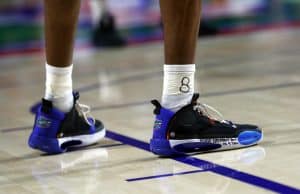 Jan 28, 2020; Gainesville, Florida, USA;A detail view of Florida Gators guard Scottie Lewis (23) sneakers in remembrance of Los Angeles former player Kobe Bryant against the Mississippi State Bulldogs during the first half at Exactech Arena. Mandatory Credit: Kim Klement-USA TODAY Sports