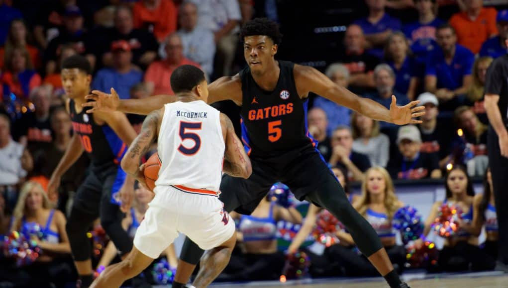 University of Florida freshman forward Omar Payne plays defense in a 69-47 win over No. 4 Auburn- Florida Gators basketball- 1280x853