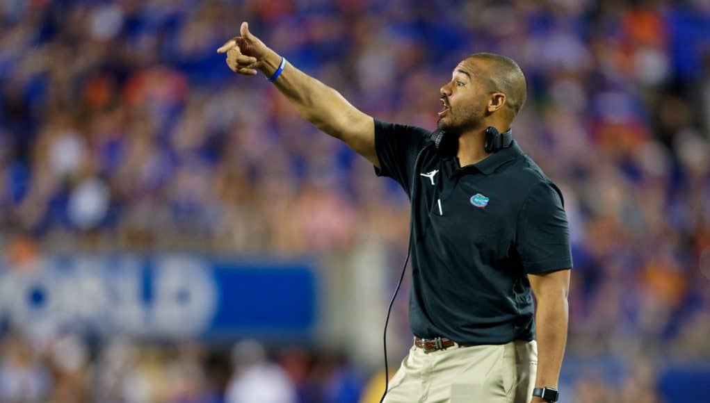 University of Florida linebackers coach Christian Robinson coaches from the sideline during the Florida Gators win over Miami- Florida Gators football- 1280x853