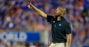 University of Florida linebackers coach Christian Robinson coaches from the sideline during the Florida Gators win over Miami- Florida Gators football- 1280x853