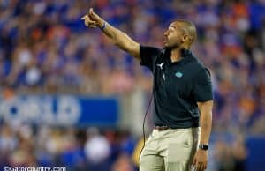 University of Florida linebackers coach Christian Robinson coaches from the sideline during the Florida Gators win over Miami- Florida Gators football- 1280x853