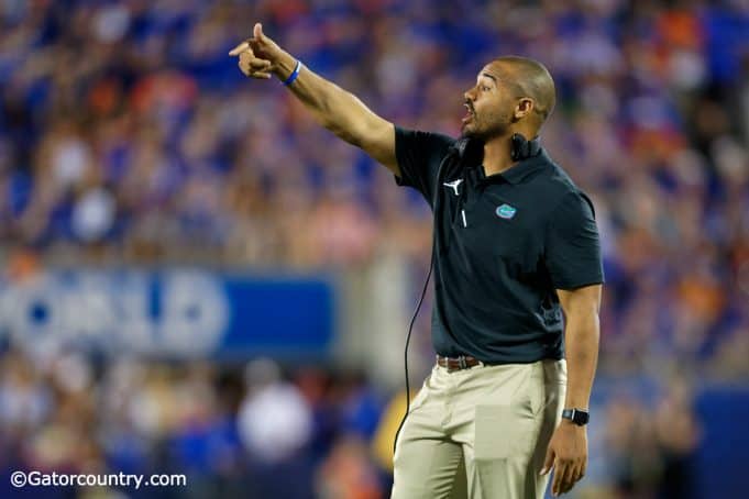 University of Florida linebackers coach Christian Robinson coaches from the sideline during the Florida Gators win over Miami- Florida Gators football- 1280x853