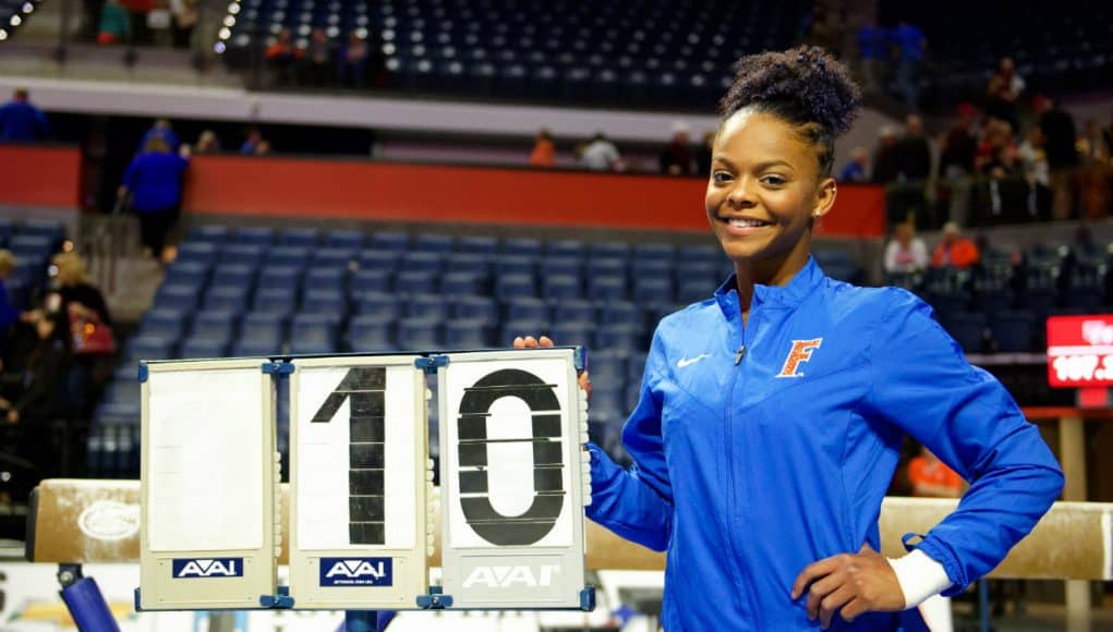 Florida Gators gymnast Trinity Thomas after she scored a 10 for the Gators- 1280x852