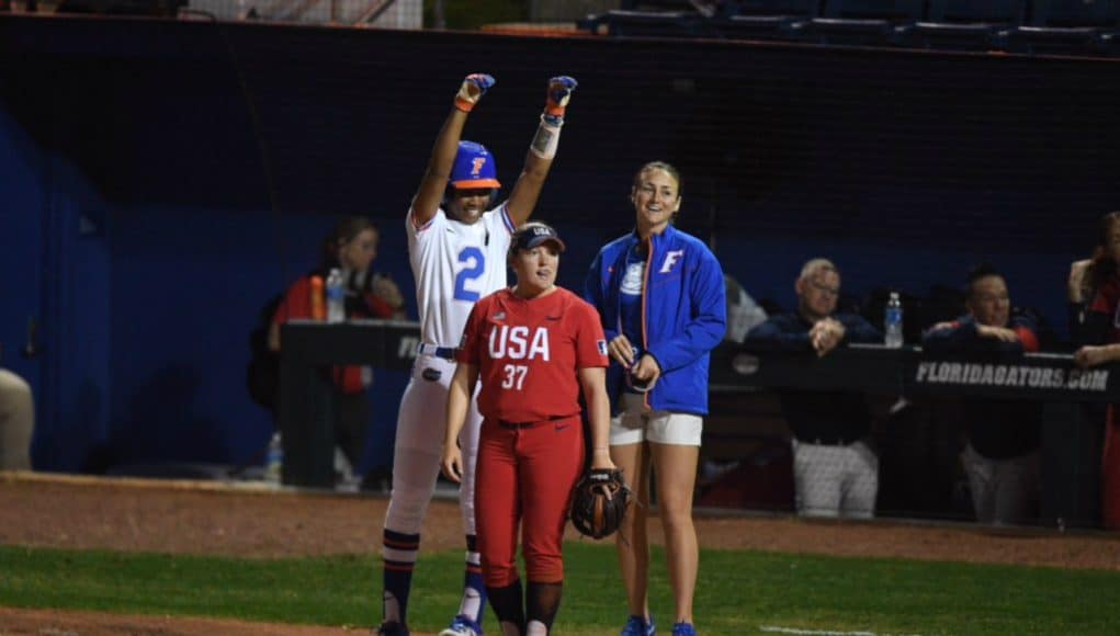 Florida Gators utility player Cheyenne Lindsey gets a hit against Team USA- 1280x855