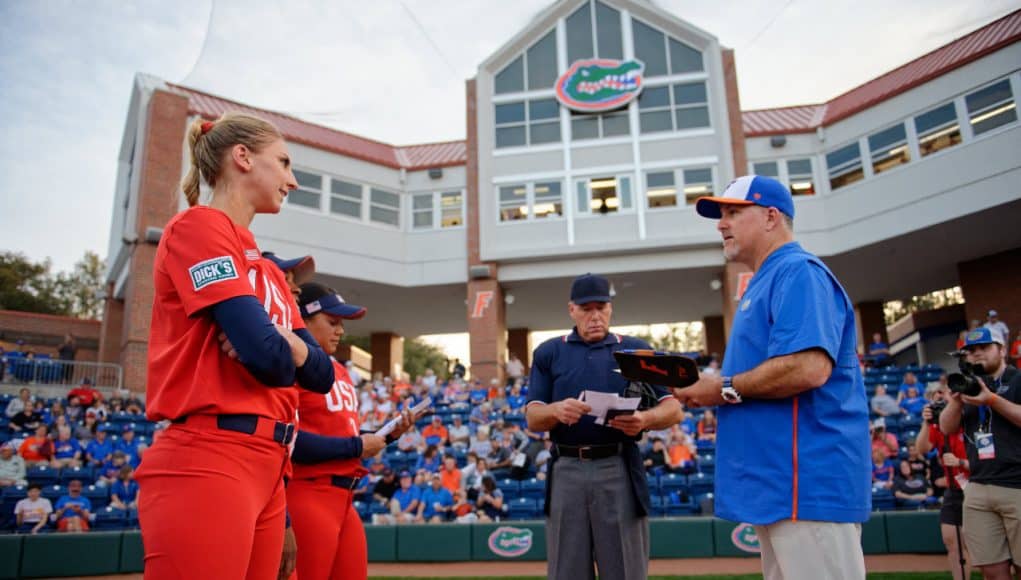 Former Florida Gators catcher Aubree Munro and Tim Walton before Team USA vs Florida- 1280x852