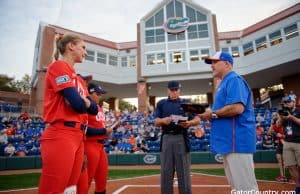Former Florida Gators catcher Aubree Munro and Tim Walton before Team USA vs Florida- 1280x852