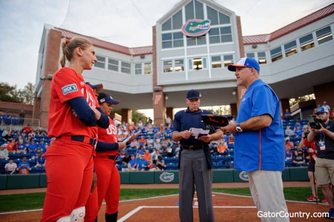 Former Florida Gators catcher Aubree Munro and Tim Walton before Team USA vs Florida- 1280x852