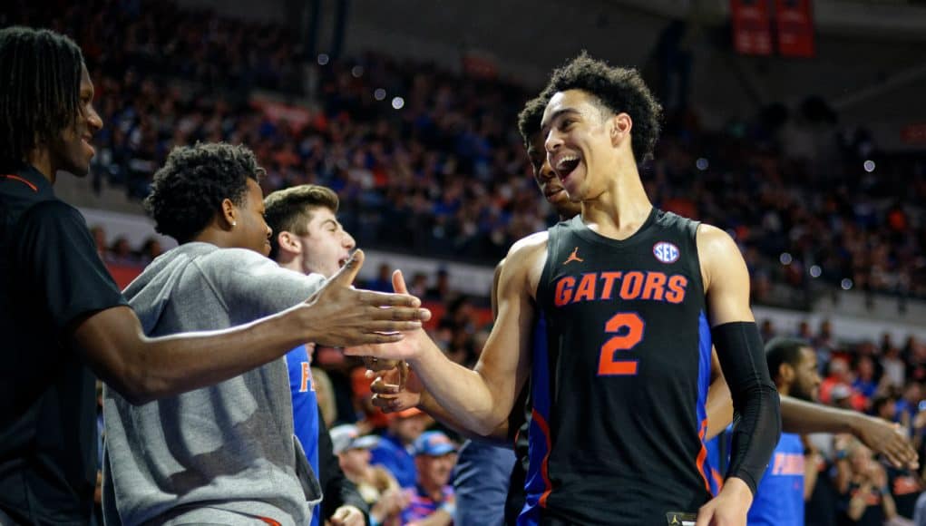 University of Florida guard Andrew Nembhard celebrates the Florida Gators win over No. 5 Auburn- Florida Gators basketball- 1280x852