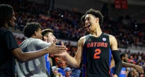 University of Florida guard Andrew Nembhard celebrates the Florida Gators win over No. 5 Auburn- Florida Gators basketball- 1280x852