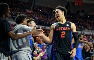 University of Florida guard Andrew Nembhard celebrates the Florida Gators win over No. 5 Auburn- Florida Gators basketball- 1280x852