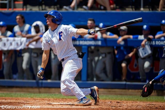 University of Florida outfielder Jacob Young swings away in a SEC game against Kentucky- Florida Gators baseball- 1280x853