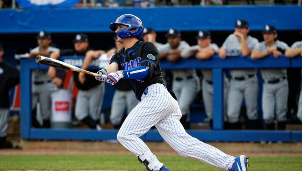 University of Florida outfielder Jud Fabian singles against the Long Beach State Dirtbags in 2018- Florida Gators baseball- 1280x853