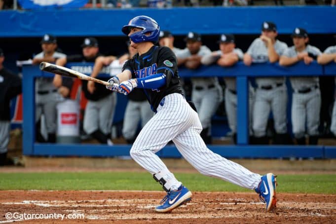 University of Florida outfielder Jud Fabian singles against the Long Beach State Dirtbags in 2018- Florida Gators baseball- 1280x853