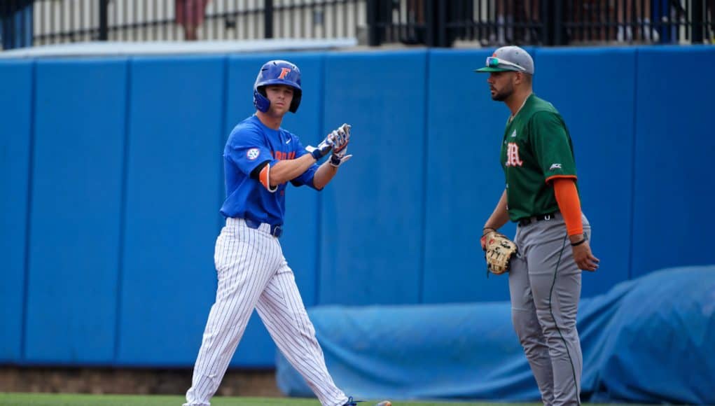 University of Florida second baseman Cory Acton looks towards the dugout after a single against Miami- Florida Gators baseball- 1280x853