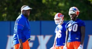 University of Florida tight ends coach Larry Scott works with his position group during spring practice- Florida Gators football- 1280x853