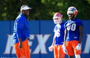 University of Florida tight ends coach Larry Scott works with his position group during spring practice- Florida Gators football- 1280x853