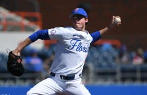 University of Florida freshman Hunter Barco pitching against Troy- Florida Gators baseball- 1280x851