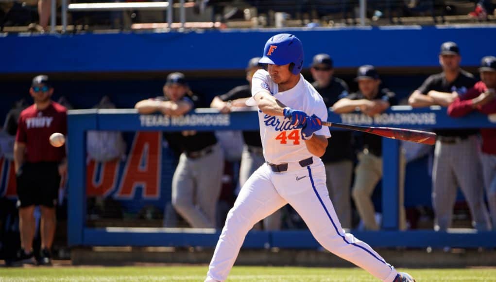 University of Florida outfielder Austin Langworthy singles during the Florida Gators’ sweep of the Troy Trojans- Florida Gators baseball- 1280x853