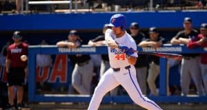 University of Florida outfielder Austin Langworthy singles during the Florida Gators’ sweep of the Troy Trojans- Florida Gators baseball- 1280x853