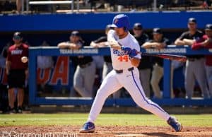 University of Florida outfielder Austin Langworthy singles during the Florida Gators’ sweep of the Troy Trojans- Florida Gators baseball- 1280x853