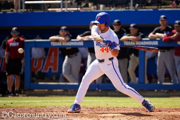 University of Florida outfielder Austin Langworthy singles during the Florida Gators’ sweep of the Troy Trojans- Florida Gators baseball- 1280x853