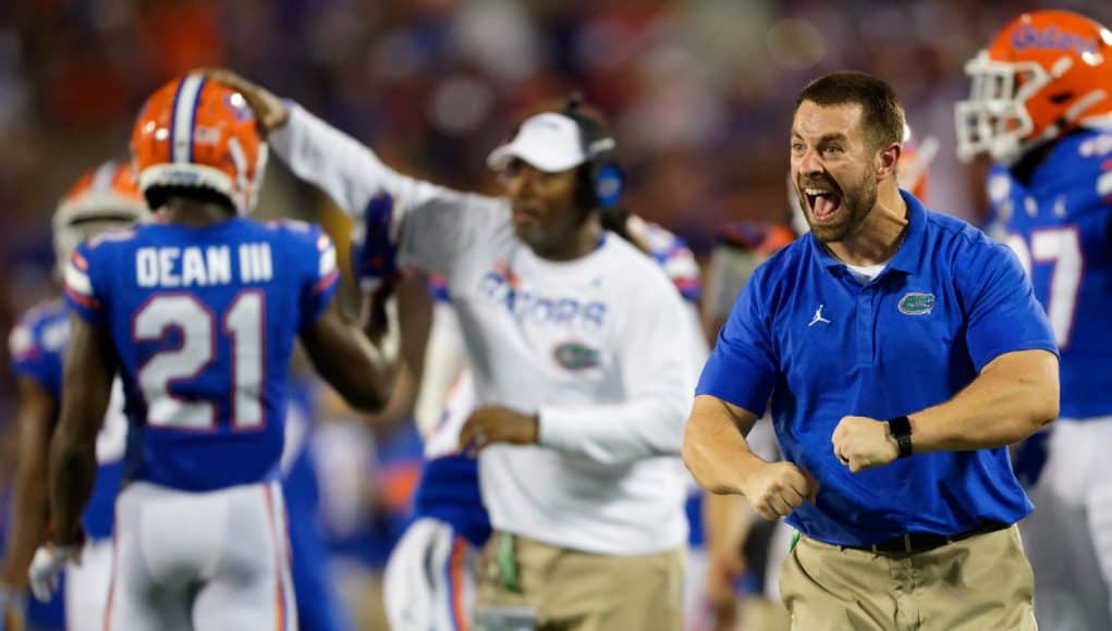 University of Florida strength and conditioning coordinator Nick Savage celebrates on the sidelines during the Florida Gators win over Miami- Florida Gators football- 1280x853