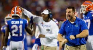 University of Florida strength and conditioning coordinator Nick Savage celebrates on the sidelines during the Florida Gators win over Miami- Florida Gators football- 1280x853