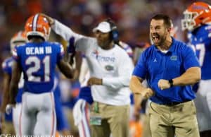 University of Florida strength and conditioning coordinator Nick Savage celebrates on the sidelines during the Florida Gators win over Miami- Florida Gators football- 1280x853