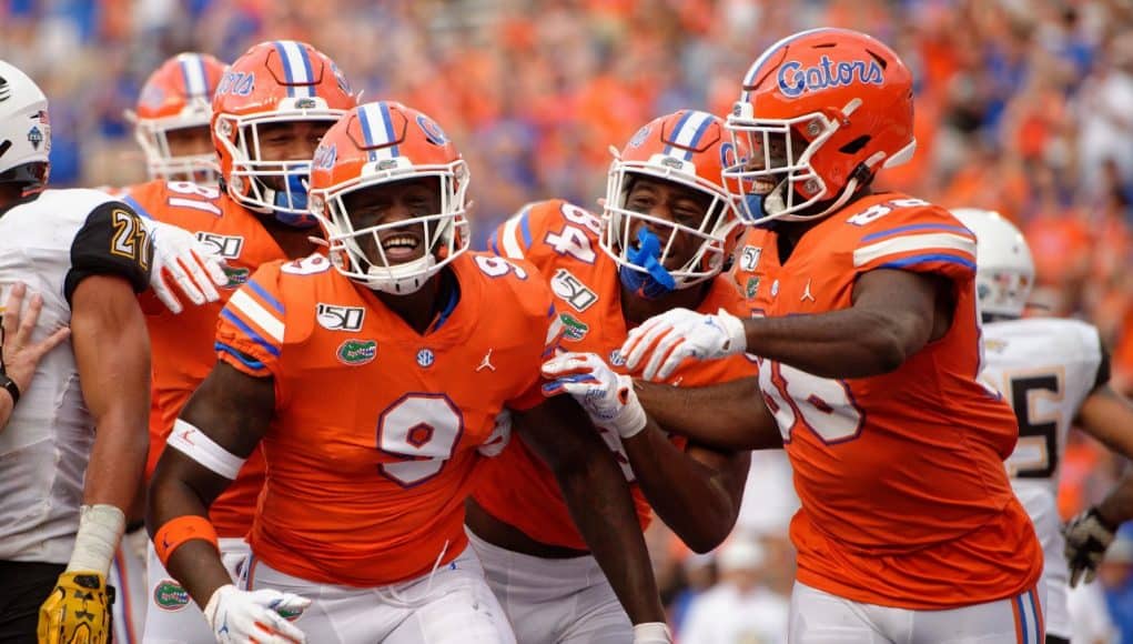 University off Florida tight end Keon Zipperer celebrates after his first career touchdown against Towson- Florida Gators football- 1280x852