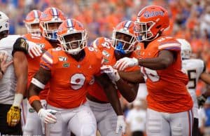 University off Florida tight end Keon Zipperer celebrates after his first career touchdown against Towson- Florida Gators football- 1280x852