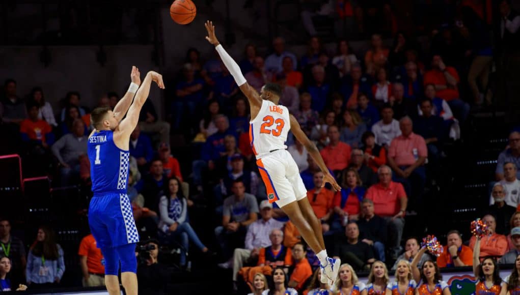 University of Florida freshman Scottie Lewis goes up for a block in a loss to the Kentucky Wildcats- Florida Gators basketball- 1820x853