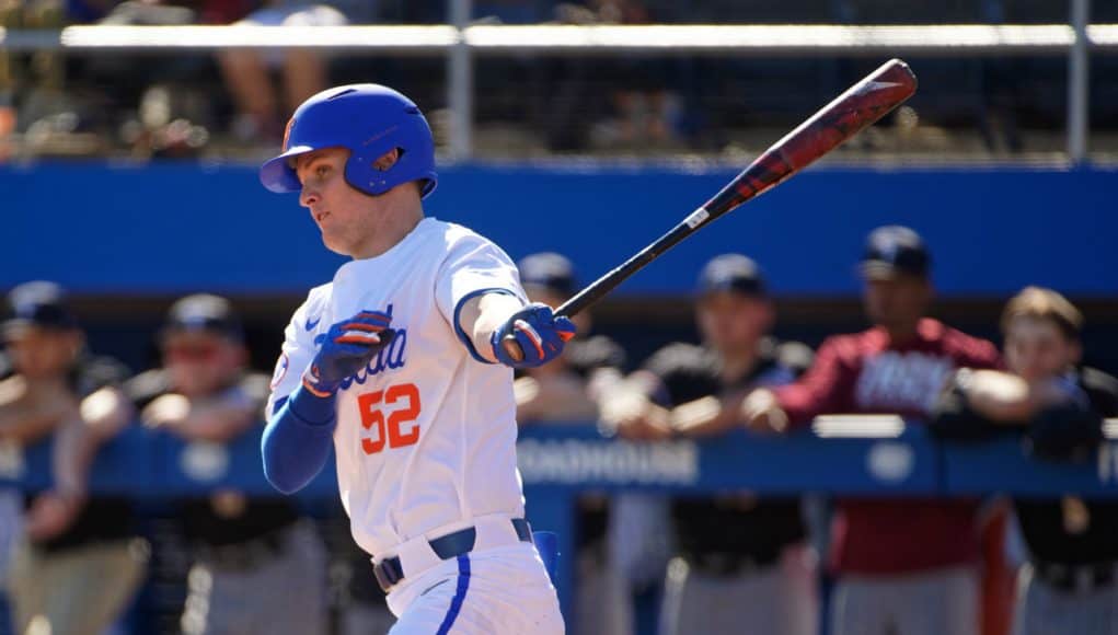 University of Florida senior Kirby McMullen swings in a win over the Troy Trojans- Florida Gators baseball- 1280x853