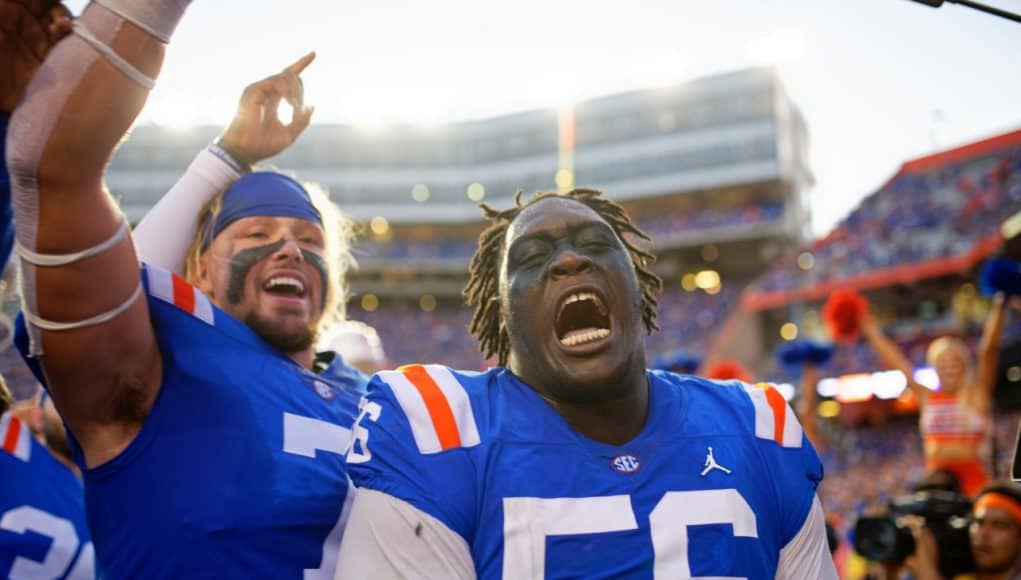 University of Florida defensive lineman TJ Slaton celebrates after the Florida Gators homecoming win over Auburn in 2019- Florida Gators football- 1280x853