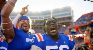 University of Florida defensive lineman TJ Slaton celebrates after the Florida Gators homecoming win over Auburn in 2019- Florida Gators football- 1280x853