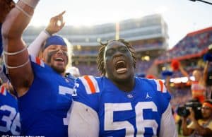 University of Florida defensive lineman TJ Slaton celebrates after the Florida Gators homecoming win over Auburn in 2019- Florida Gators football- 1280x853