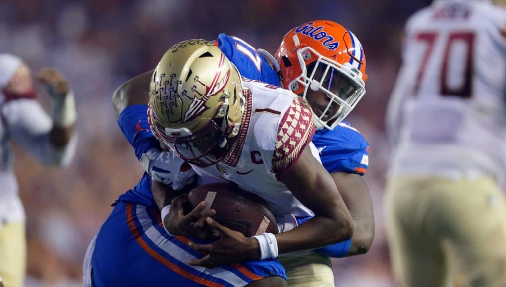 University of Florida defensive lineman Zach Carter sacks Florida State quarterback James Blackman- Florida Gators football- 1280x853