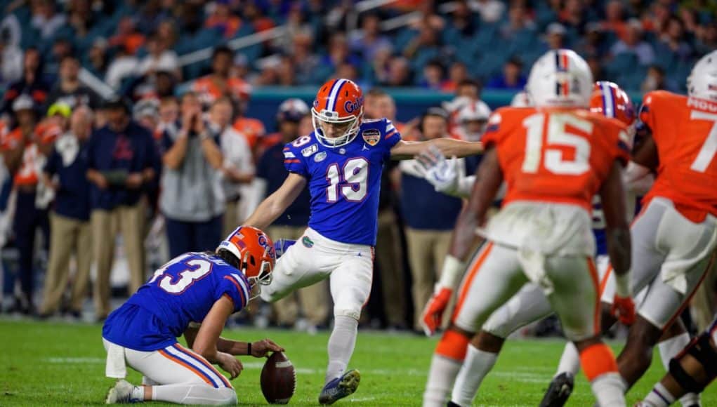 University of Florida kicker Evan McPherson connects on a field goal against Virginia in the 2020 Orange Bowl- Florida Gators football- 1280x853