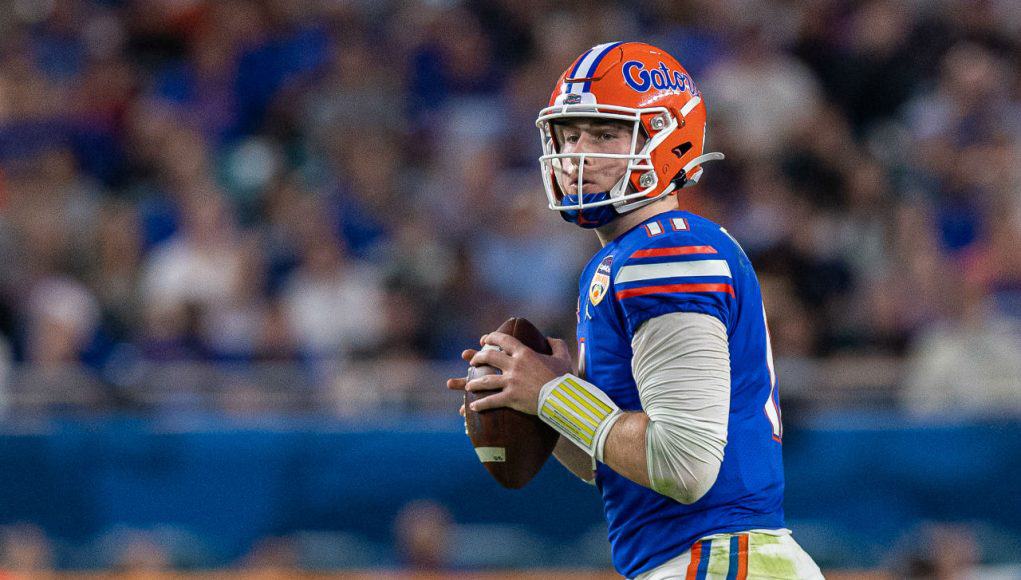 University of Florida quarterback Kyle Trask drops back to pass in the 2020 Orange Bowl against Virginia- Florida Gators football- 1280x853