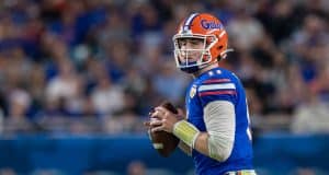 University of Florida quarterback Kyle Trask drops back to pass in the 2020 Orange Bowl against Virginia- Florida Gators football- 1280x853