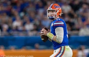 University of Florida quarterback Kyle Trask drops back to pass in the 2020 Orange Bowl against Virginia- Florida Gators football- 1280x853