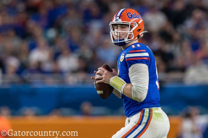 University of Florida quarterback Kyle Trask drops back to pass in the 2020 Orange Bowl against Virginia- Florida Gators football- 1280x853