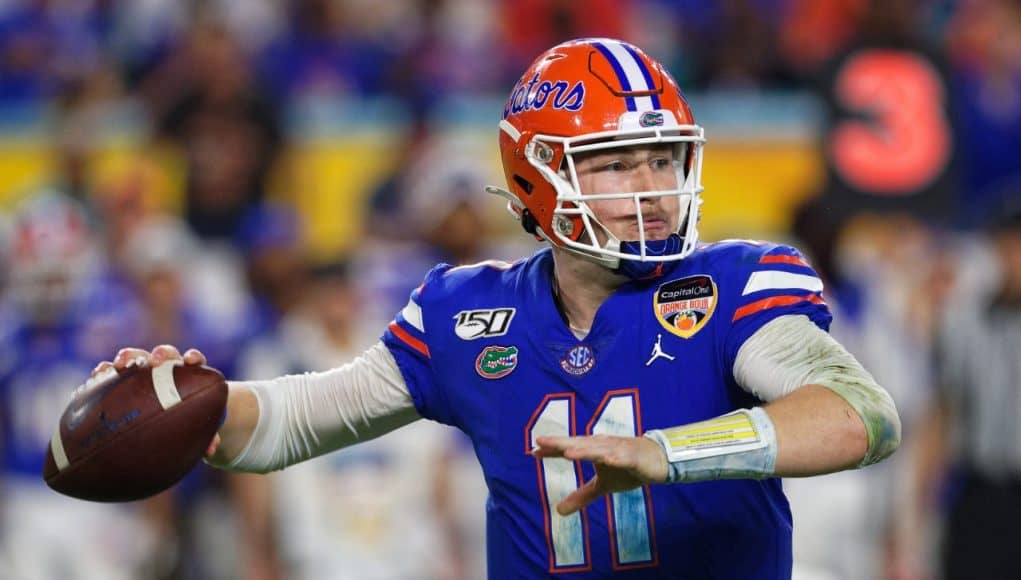 University of Florida quarterback Kyle Trask throws a pass in the Orange Bowl- Florida Gators football- 1280x853