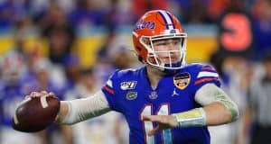 University of Florida quarterback Kyle Trask throws a pass in the Orange Bowl- Florida Gators football- 1280x853