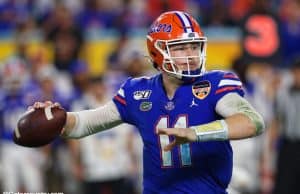 University of Florida quarterback Kyle Trask throws a pass in the Orange Bowl- Florida Gators football- 1280x853